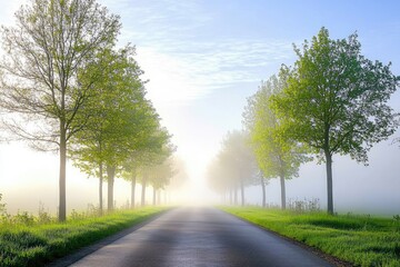 Misty rural road with trees