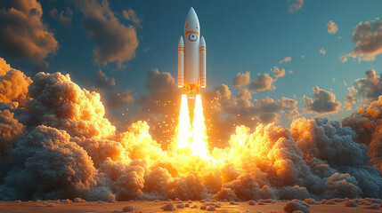 A minimalistic and cute rocket launches upwards, set against a plain background with ample caption space on the side. The simple design conveys a sense of excitement and innovation, perfect for space-