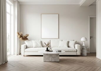 Minimalist living room with white sofa, marble table, and blank frame on wall
