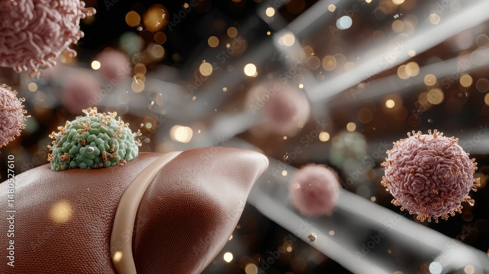 Fototapete detailed 3d rendering of a human liver affected by hepatocellular carcinoma with visible coral green
