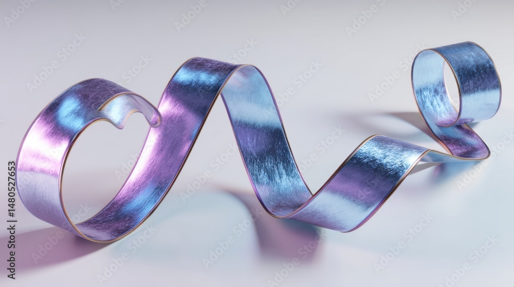 Poster abstract ribbon unfurling with iridescent sheen studio shot on white background flowing and curving 