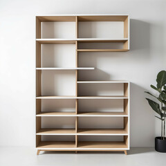 Minimalist bookshelf, open shelves, white and oak finish, straight front view on a white background