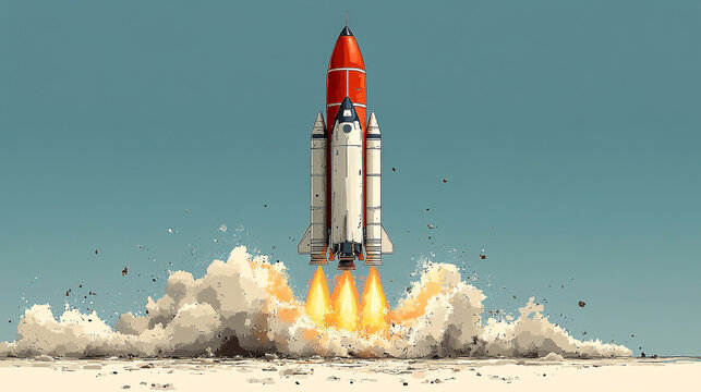A minimalistic and cute rocket launches upwards, set against a plain background with ample caption space on the side. The simple design conveys a sense of excitement and innovation, perfect for space-