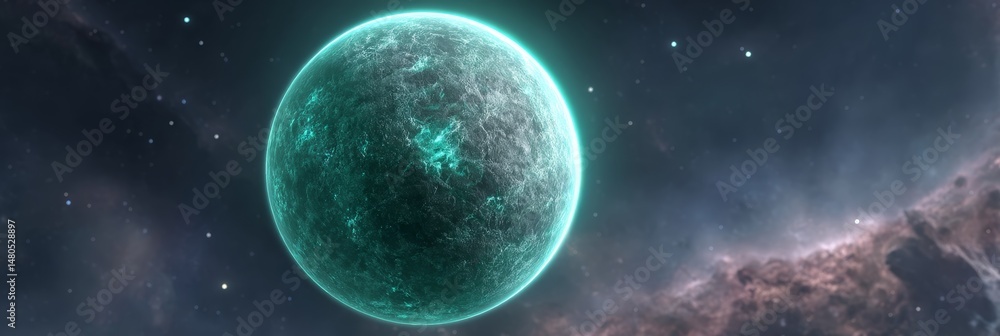 Poster celestial body in deep space - a vibrant teal planet floats in the vast expanse of space, surrounded