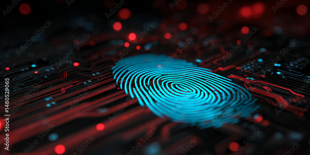 Poster cyan fingerprint on dark red circuit board, illustrating digital security and biometric authenticati
