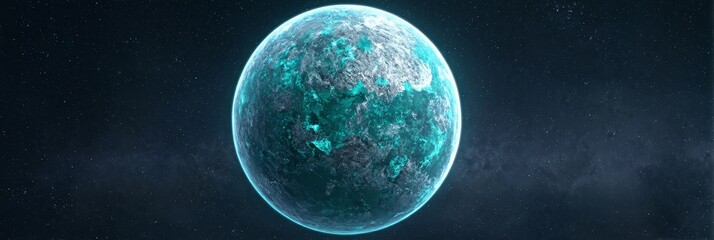 Obraz premium Celestial Orb: Frozen in Time - A stunning close-up view of a fictional icy planet with glowing teal accents, set against a dark space backdrop
