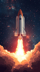 A minimalistic and cute rocket launches upwards, set against a plain background with ample caption space on the side. The simple design conveys a sense of excitement and innovation, perfect for space-
