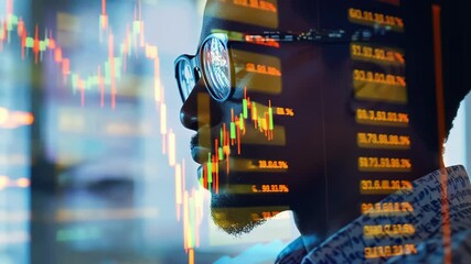 African man in eyeglasses looking at screen showing financial data and stock market charts - Powered by Adobe