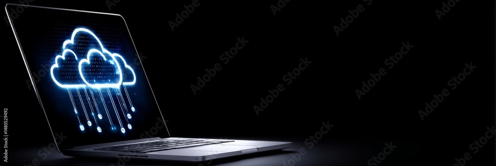 Poster cloud computing on laptop screen - data storage, online access, rain, network connection, informatio