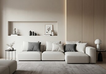 Modern living room features a modular sofa and decorative shelf