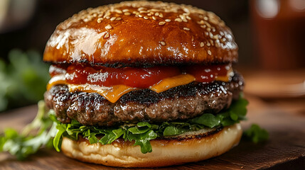 Delicious, juicy hamburger with melted cheese and sauce.