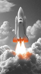 A minimalistic and cute rocket launches upwards, set against a plain background with ample caption space on the side. The simple design conveys a sense of excitement and innovation, perfect for space-