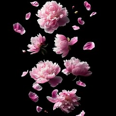 Pink Peonies with Falling Petals on Black Background