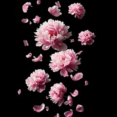 Pink Peonies with Falling Petals on Black Background