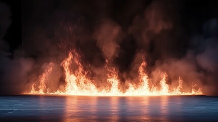 Intense Fire with Smoke Reflecting on Water Surface