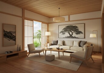 Fototapeta premium Japanese style living room with garden view and tree painting on wall