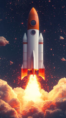 A minimalistic and cute rocket launches upwards, set against a plain background with ample caption space on the side. The simple design conveys a sense of excitement and innovation, perfect for space-