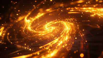 A swirling vortex of golden light with bokeh effect and dark background creating a dynamic scene
