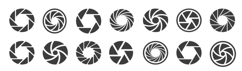 Camera lens diaphragm. Aperture icon set. Camera shutter icons. Vector illustration.