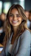 Fototapeta premium A portrait of a young, radiant woman exudes confidence and charm with her stunning smile. Soft lighting, with a focus on the subject in a business setting.
