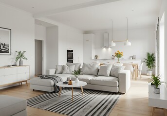 Bright living room interior with sofa, rug, and open kitchen in a modern home