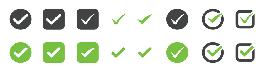 Check mark icon. Tick symbol set. Green and gray checkmark icons. Vector illustration