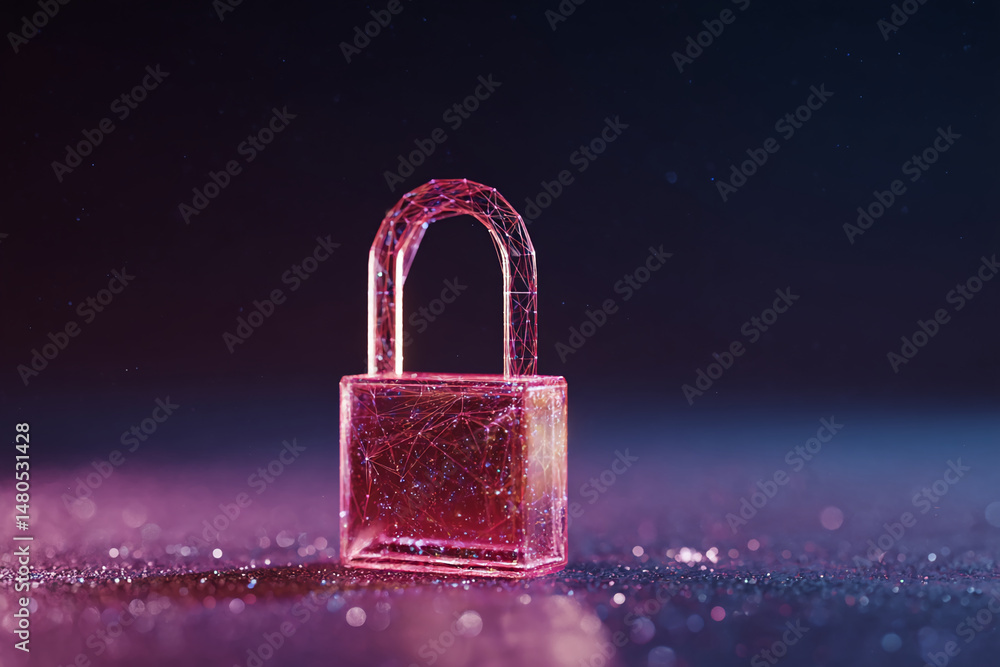 Poster pink glass padlock on sparkling surface, illuminated from within, symbolizing digital security and d