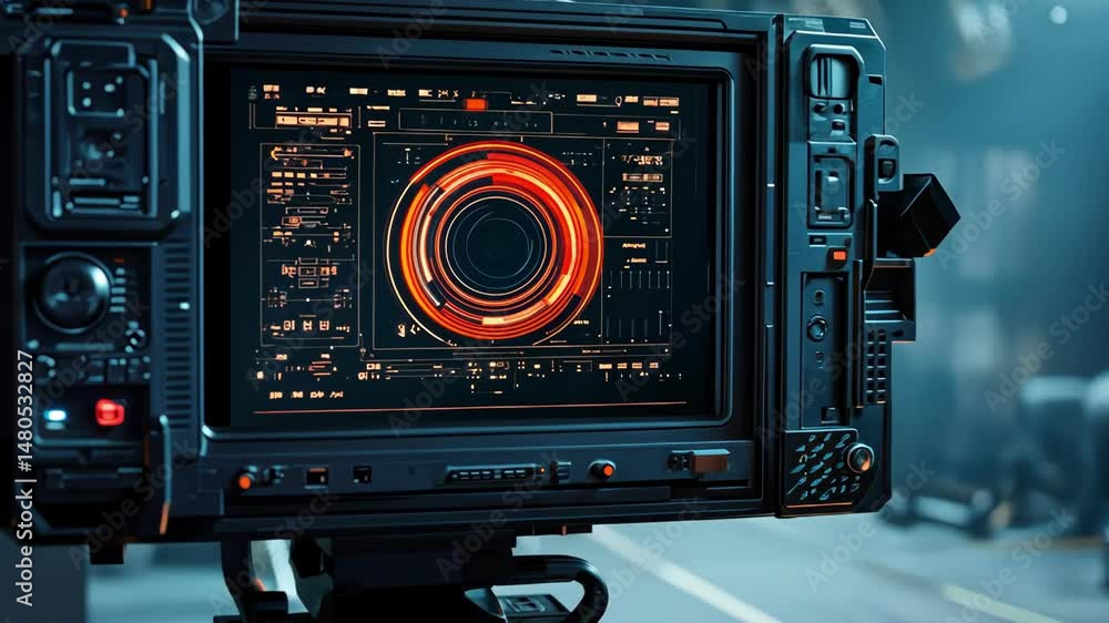 Poster futuristic screen displaying complex data interface and digital information in dim industrial space