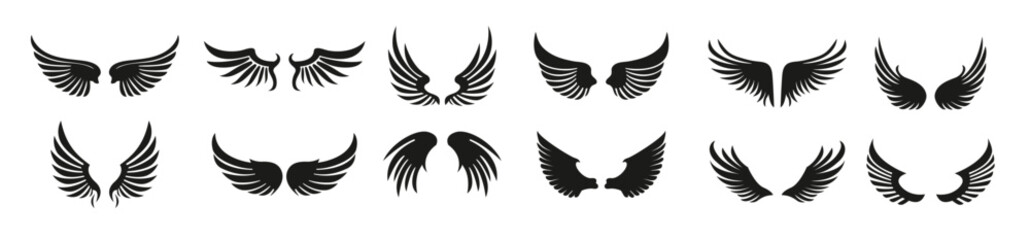 Collection of black vector wings for logo or emblem design. Bird wings, angel wings elements.