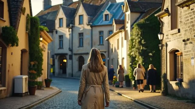 Beautiful girl walking toward the Twin Gothic-style Quart Towers in Valencia. A female tourist looking at the Spanish architecture of Portal de Quart in Spain