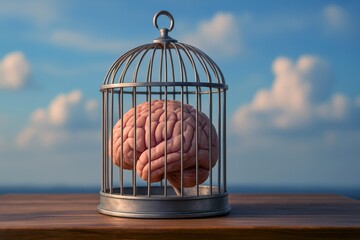 Brain Trapped Conceptual image represents mental health challenges, showcasing a human brain inside a birdcage against a serene sky, symbolizing restriction.