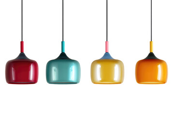 Naklejka premium Four colorful pendant lights hanging against a black background in a studio lighting setup view
