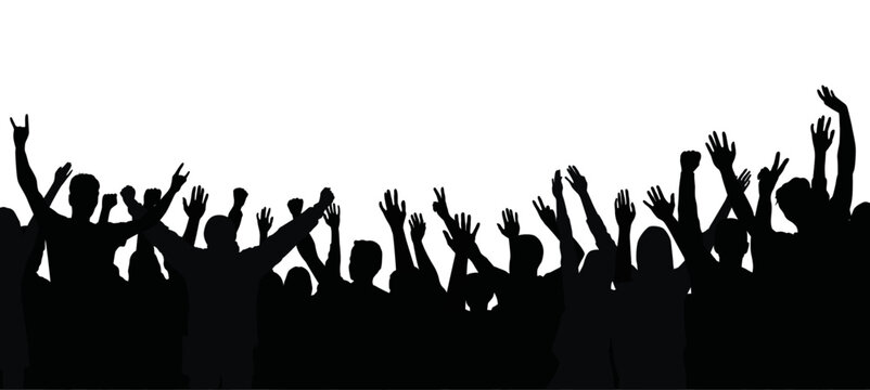 Vector silhouette of a cheering crowd with hands in the air - concert, festival, sport fans