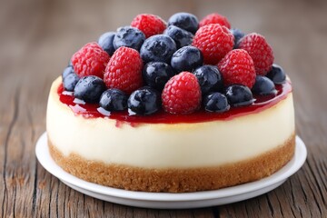 Delicious Berry Topped Cheesecake - Creamy cheesecake, sweet raspberries, juicy blueberries, delightful dessert, summer treat