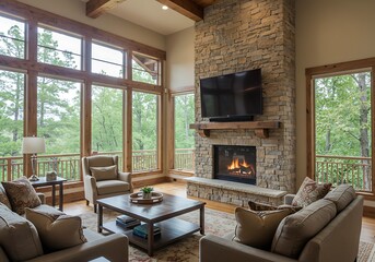 Living room interior with stone fireplace, large windows and comfortable furniture
