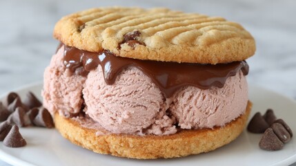 Delicious Cookie Ice Cream Sandwich - A tempting of a double-decker ice cream sandwich, featuring pink ice cream, chocolate sauce, and peanut butter cookies