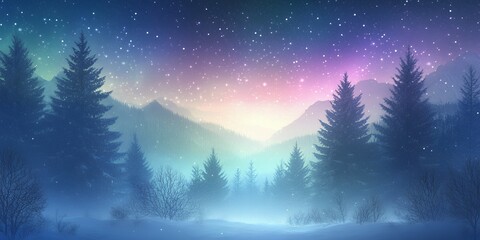 Serene Winter Wonderland Landscape Magical Snowy Forest at Night Under a Starry Sky Misty Mountains and Evergreen Trees Create a Peaceful Scene