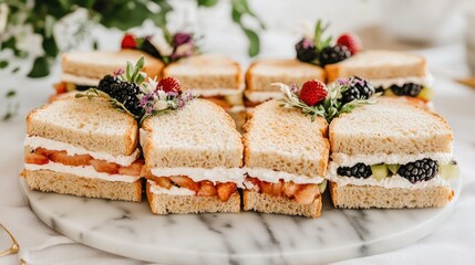 Clean presentation of fruit cream sandwiches on a marble slab with decorative garnishes