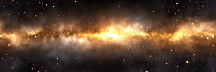 Fototapeta premium Majestic panoramic view of a bright and sparkling galaxy with swirling nebulae and numerous floating star particles