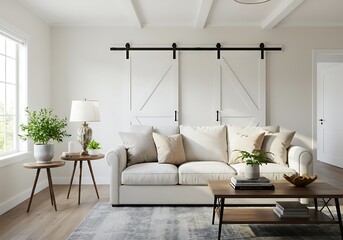 Living room with white sofa, barn doors, and neutral decor