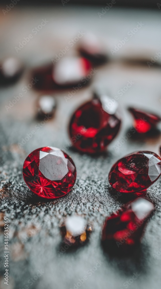Poster close-up of red gemstones on textured surface sparking with light and color creating a rich and luxu