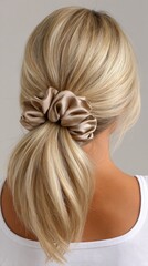 Naklejka premium Elegant blonde woman showcases a stylish high ponytail with a white satin scrunchie in a sophisticated setting