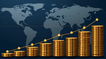 Illuminated stock market growth  neon graph with rising coin stacks and global economic insights
