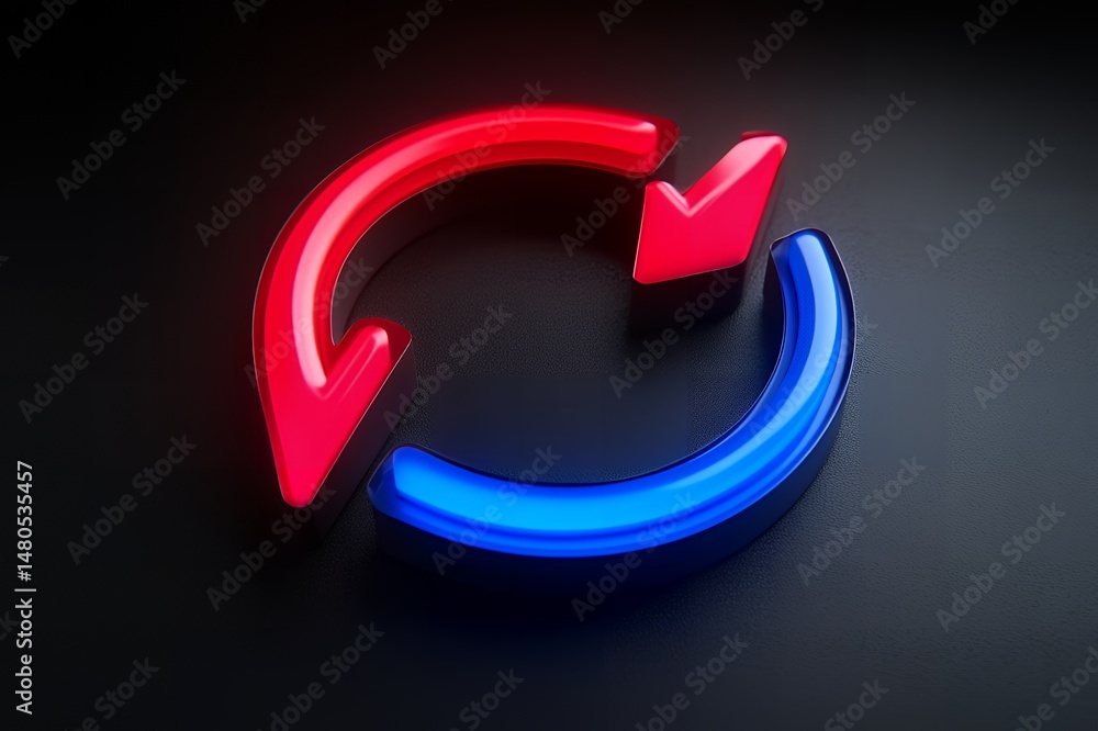 Poster vibrant neon red and blue arrows forming a circular renewal symbol on a dark background perfect for 
