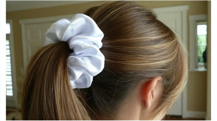 Fototapeta premium Elegant blonde woman showcases a stylish high ponytail with a white satin scrunchie in a sophisticated setting