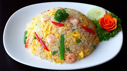 Delicious Shrimp Fried Rice Thai - Savory shrimp stir-fried rice, Thai-inspired, with vibrant vegetables and egg. Aromatic, flavorful, and authentic. Represents a delicious meal, cultural cuisine