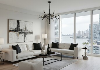 Bright living room with white sofas, black pillows, and a city view
