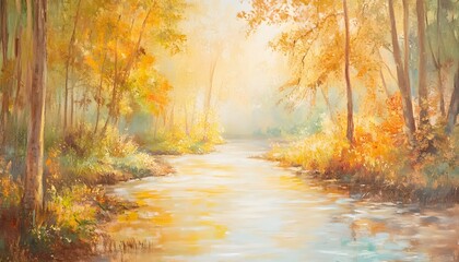 Obraz premium Autumnal forest stream scene painted in soft colors.