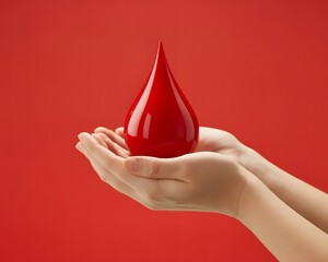 Red Blood Drop Held in Gentle Hands Against Red Background