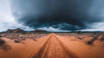 Desert Road Under a Stormy Sky Panorama - A dirt road cuts through an arid desert landscape under a dramatic, dark, stormy sky. Symbols of journey, isolation, nature's power, resilience